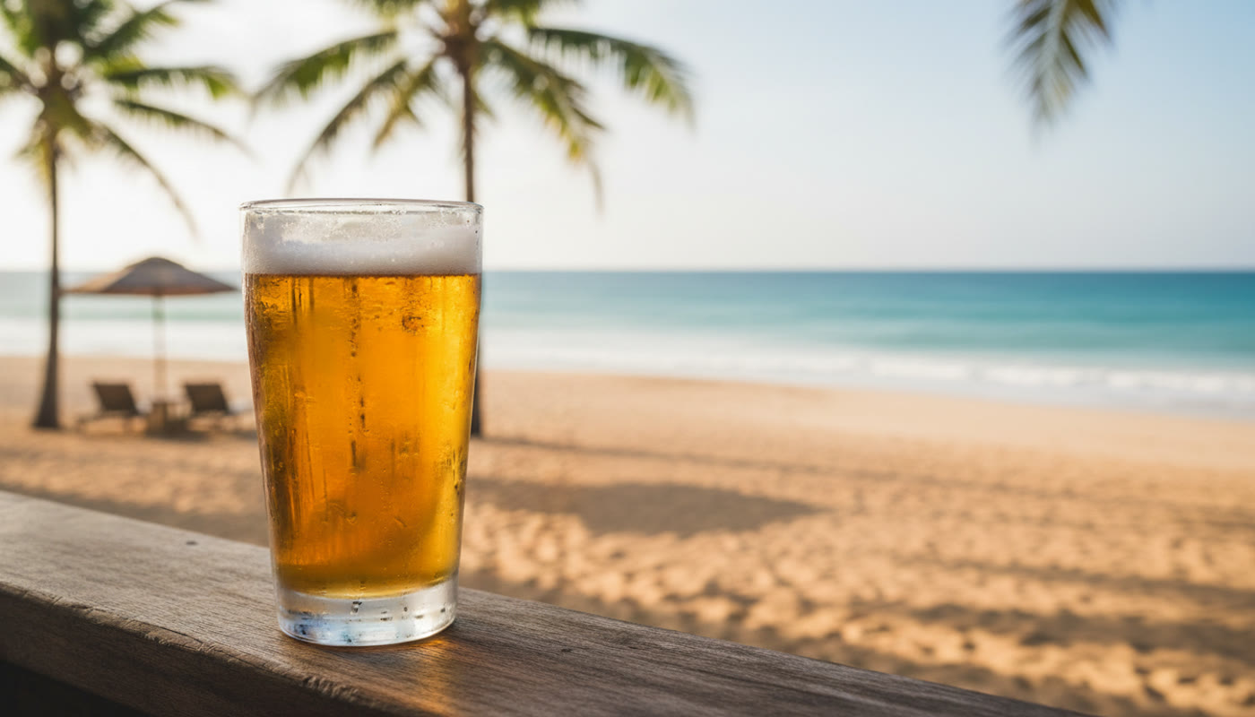 Cold beer on a beachside bar rail overlooking the ocean after a shift